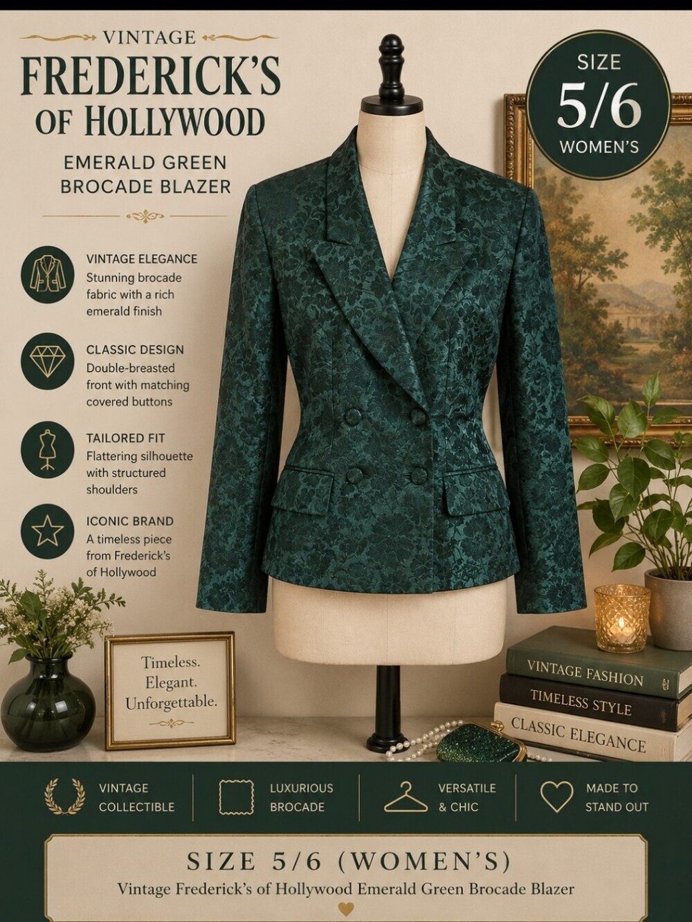 Vintage Frederick’s of Hollywood Emerald Green Brocade Blazer Gothic Luxe Party